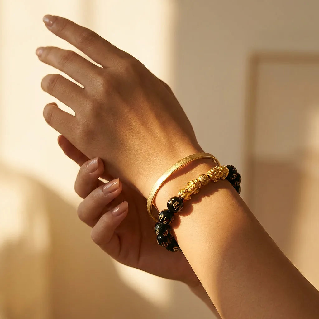 Black Obsidian Wealth Bracelet with Square Blocks - Double Dragon — view 2