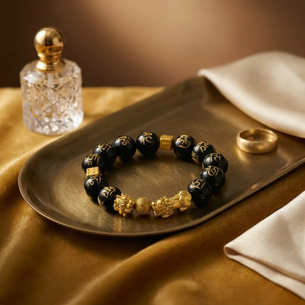 Black Obsidian Wealth Bracelet with Square Blocks - Double Dragon — view 3