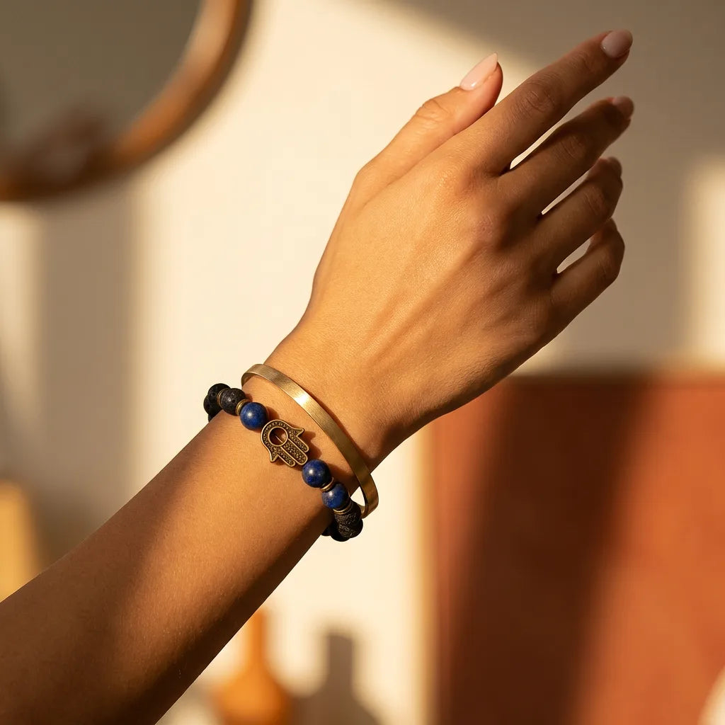 Lapis Lazuli Hamsa Hand Bracelet - 8mm — view 2