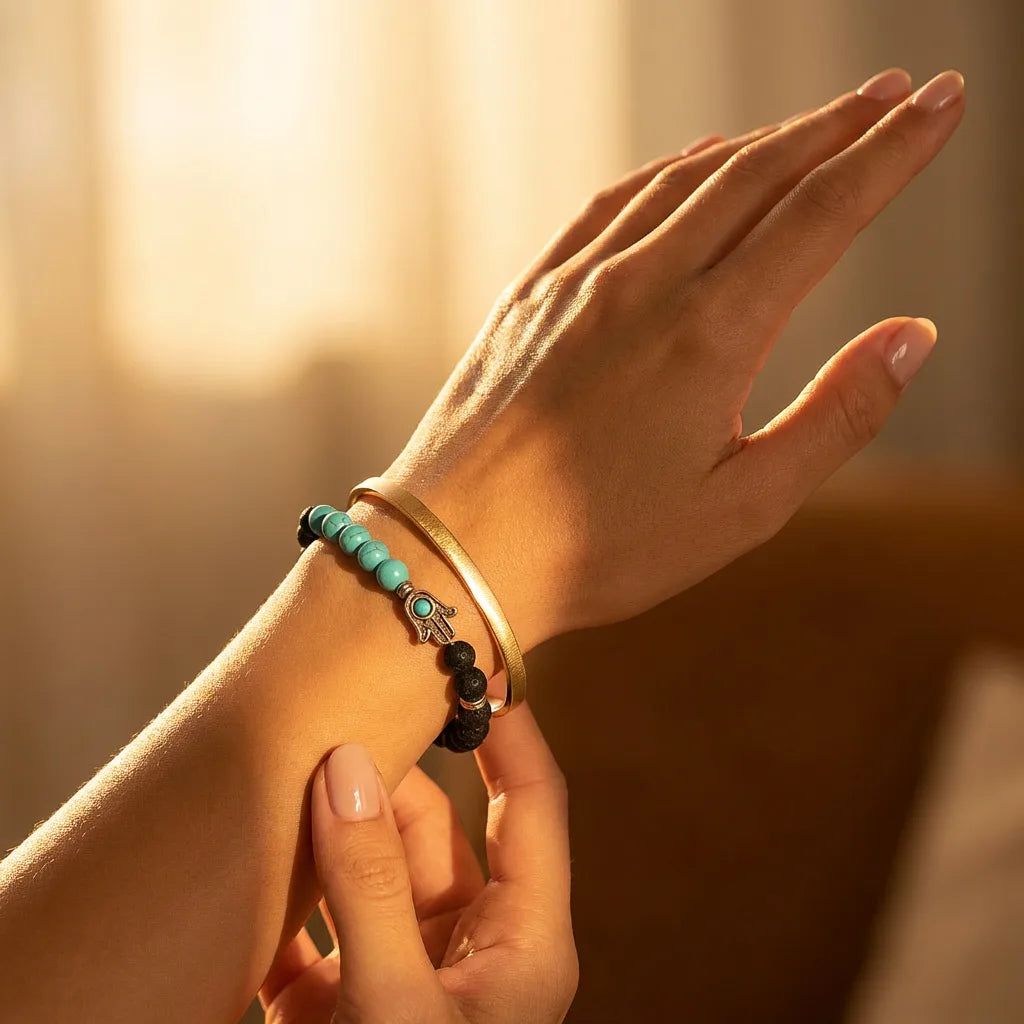 Turquoise Hamsa Hand Bracelet - 8mm — view 2