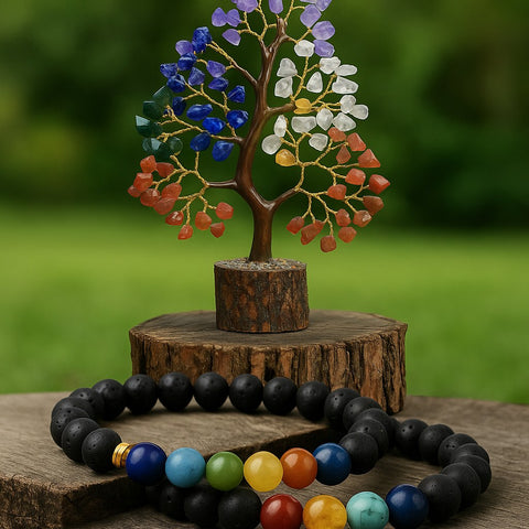 7-Chakra Crystal Tree Gift Pack – Crystal Tree & Lava Stone Bracelets Set - Aroma Paradise