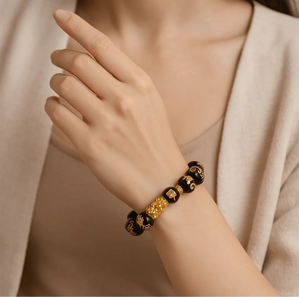 Black Obsidian Wealth Bracelet with Square Blocks - Double Dragon - crystal lava stone bracelet - alternate view - Aroma Paradise
