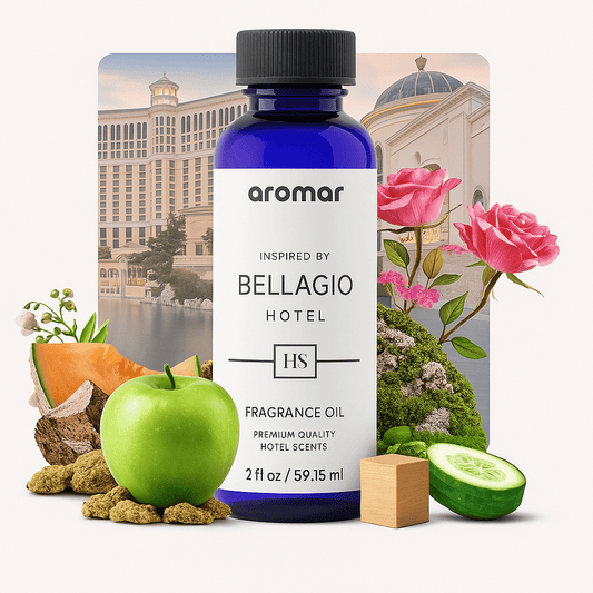 A bottle of 'Bellagio Hotel inspired Fragrance Oil' by Aroma Paradise, depicted with associated objects like a green apple, cucumber, and rose, against a backdrop suggesting the location of the Bellagio Hotel in Las Vegas.