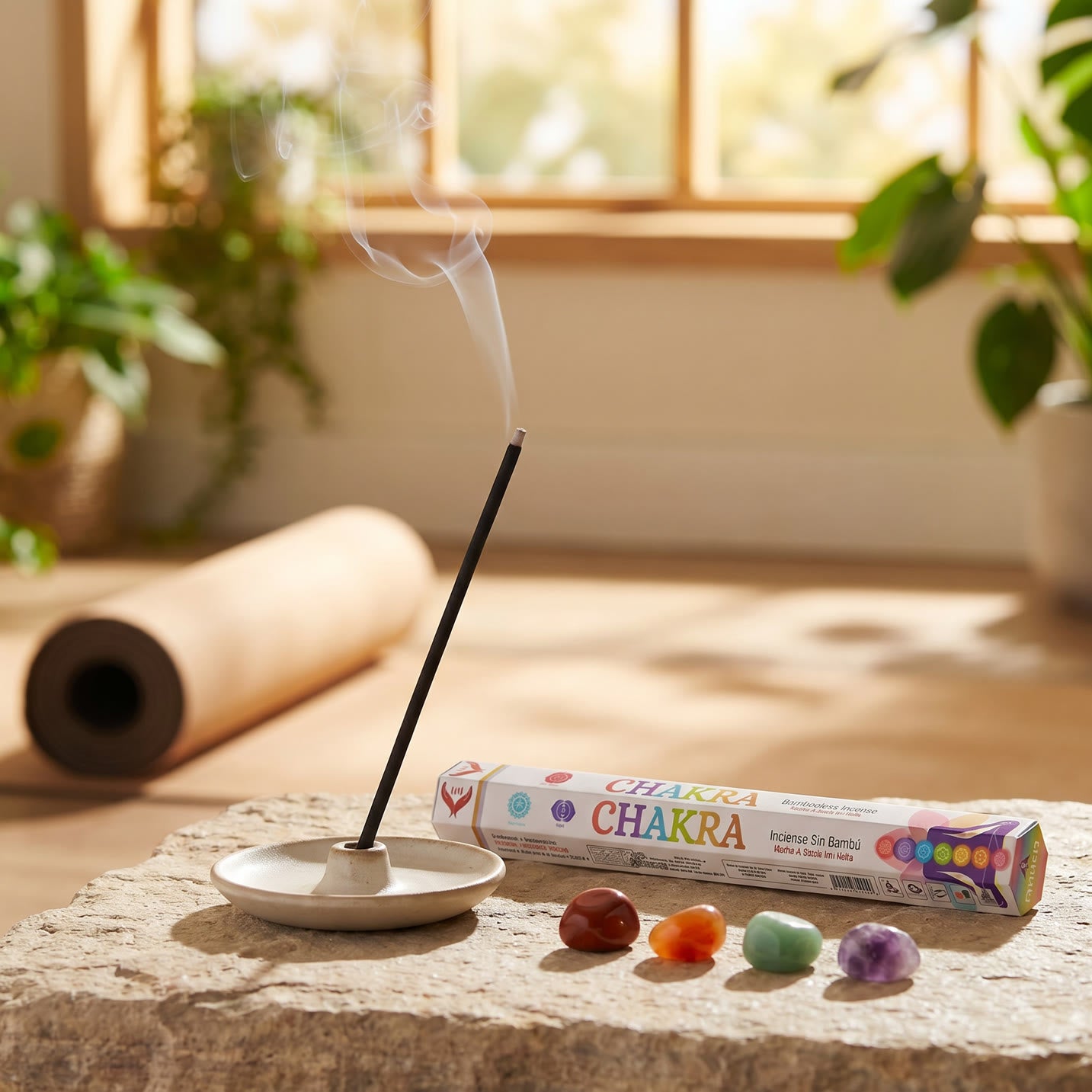 Aum Chakra bambooless incense stick burning in yoga room with colorful chakra healing stones