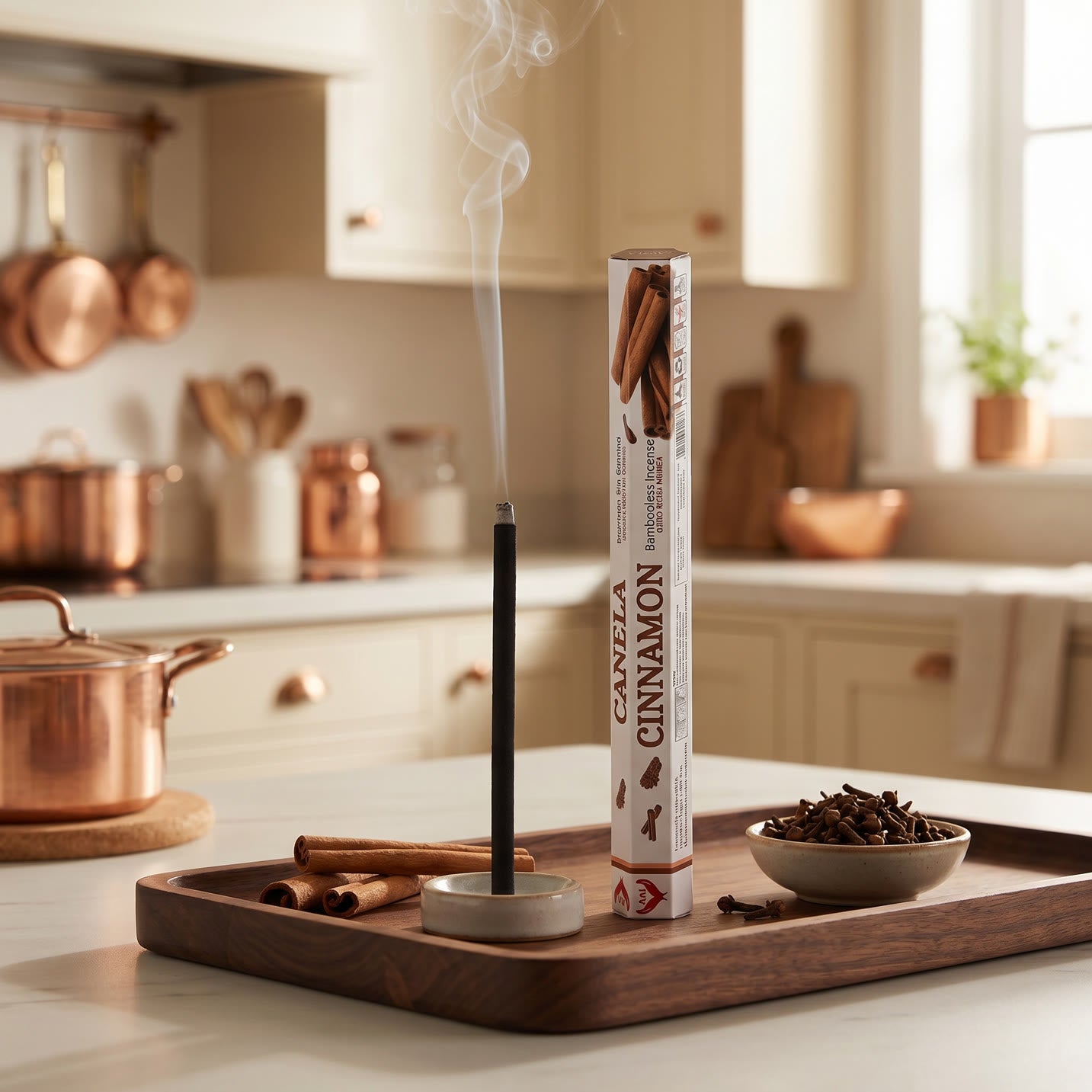 Aum Cinnamon bambooless incense stick burning in cozy kitchen with cinnamon sticks and cloves