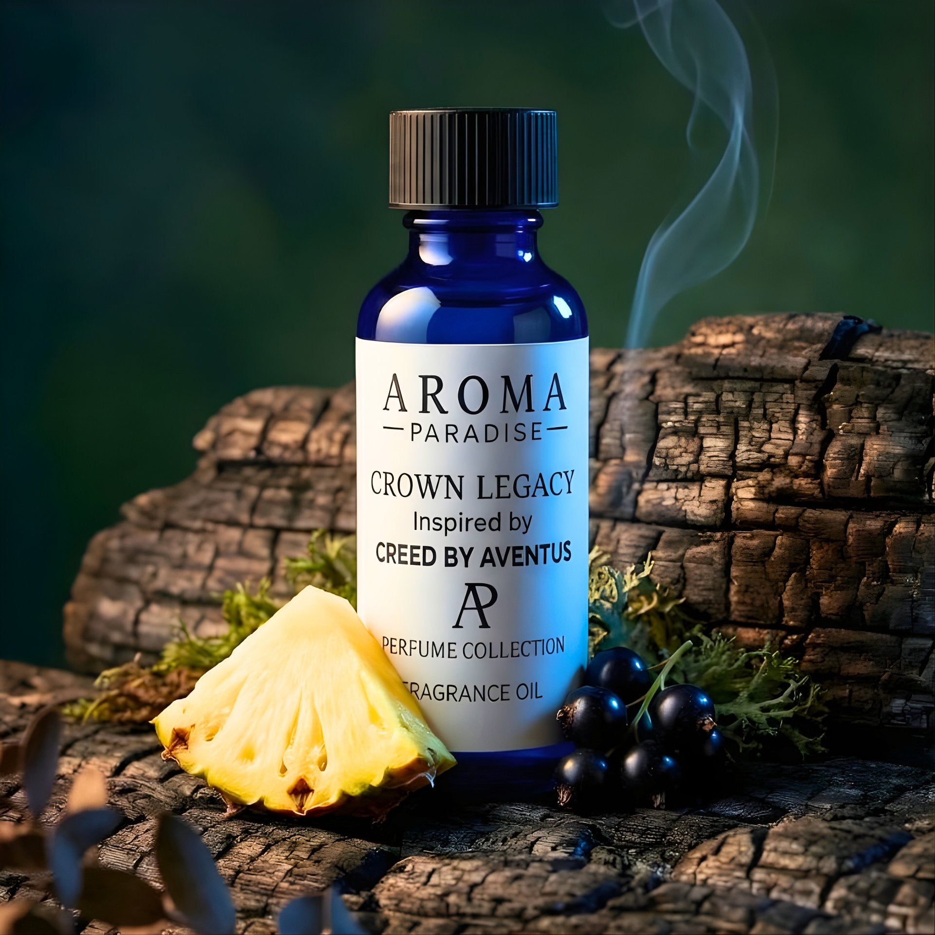 Aroma Paradise Crown Legacy perfume bottle on a wooden surface with a pineapple and dark berries.