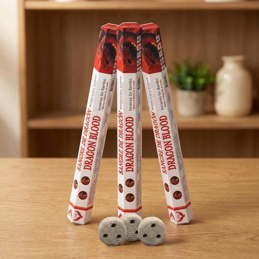 Aum Dragon Blood bambooless incense sticks 3-pack with 3 metal coil holders on light oak wood surface