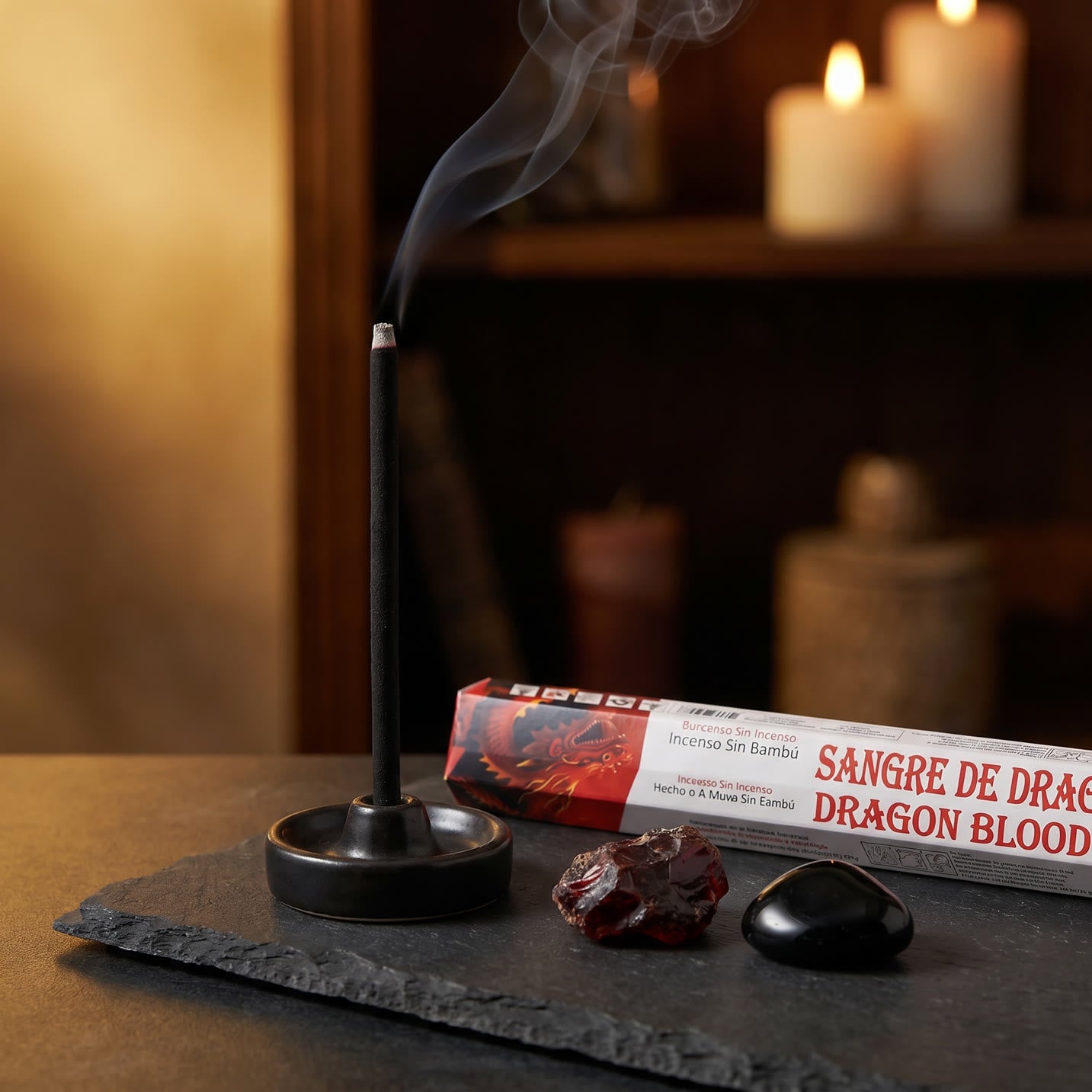 Aum Dragon Blood bambooless incense stick burning in mystical room with dragon blood resin and obsidian stone