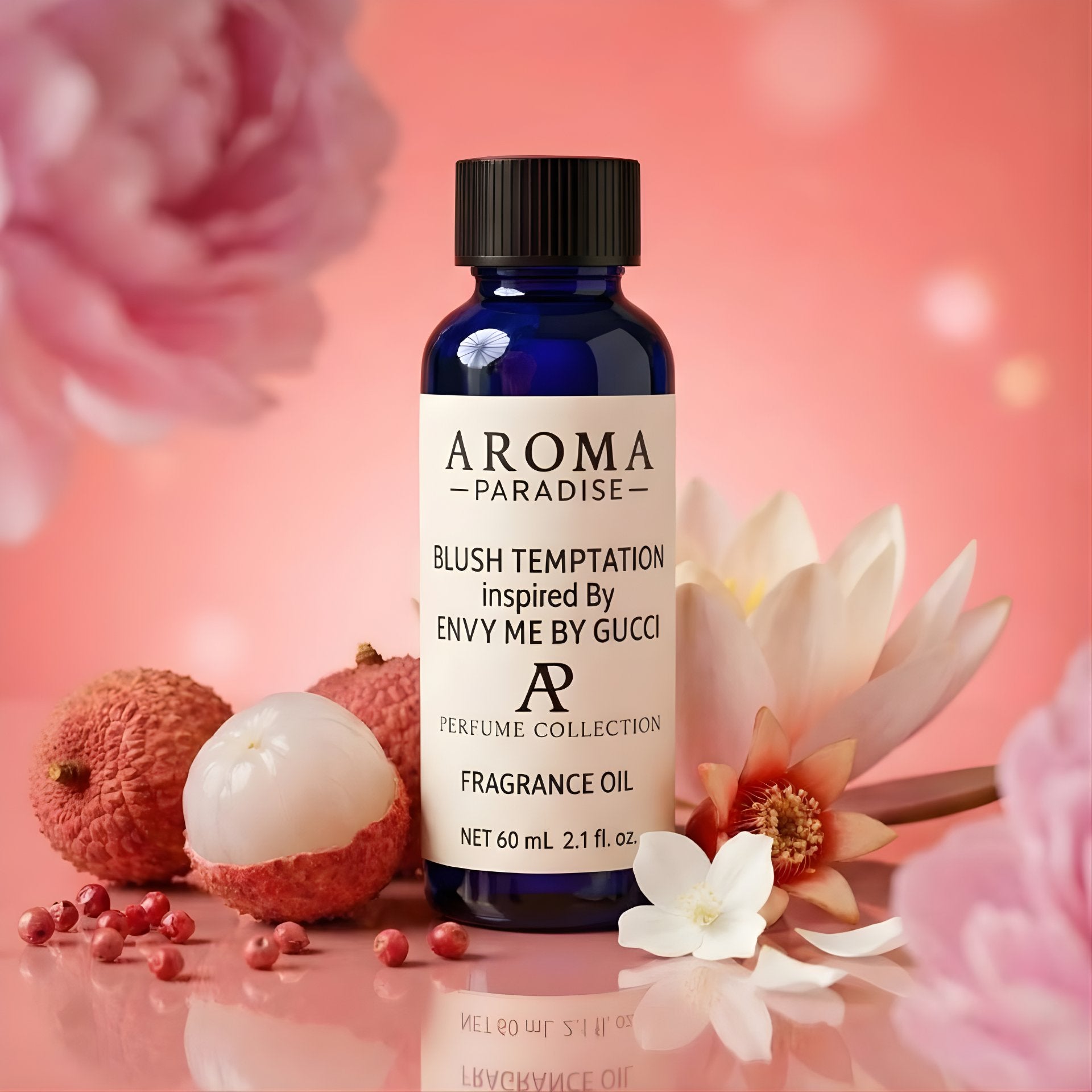 Aroma Paradise fragrance oil bottle with lychees and flowers on a pink background