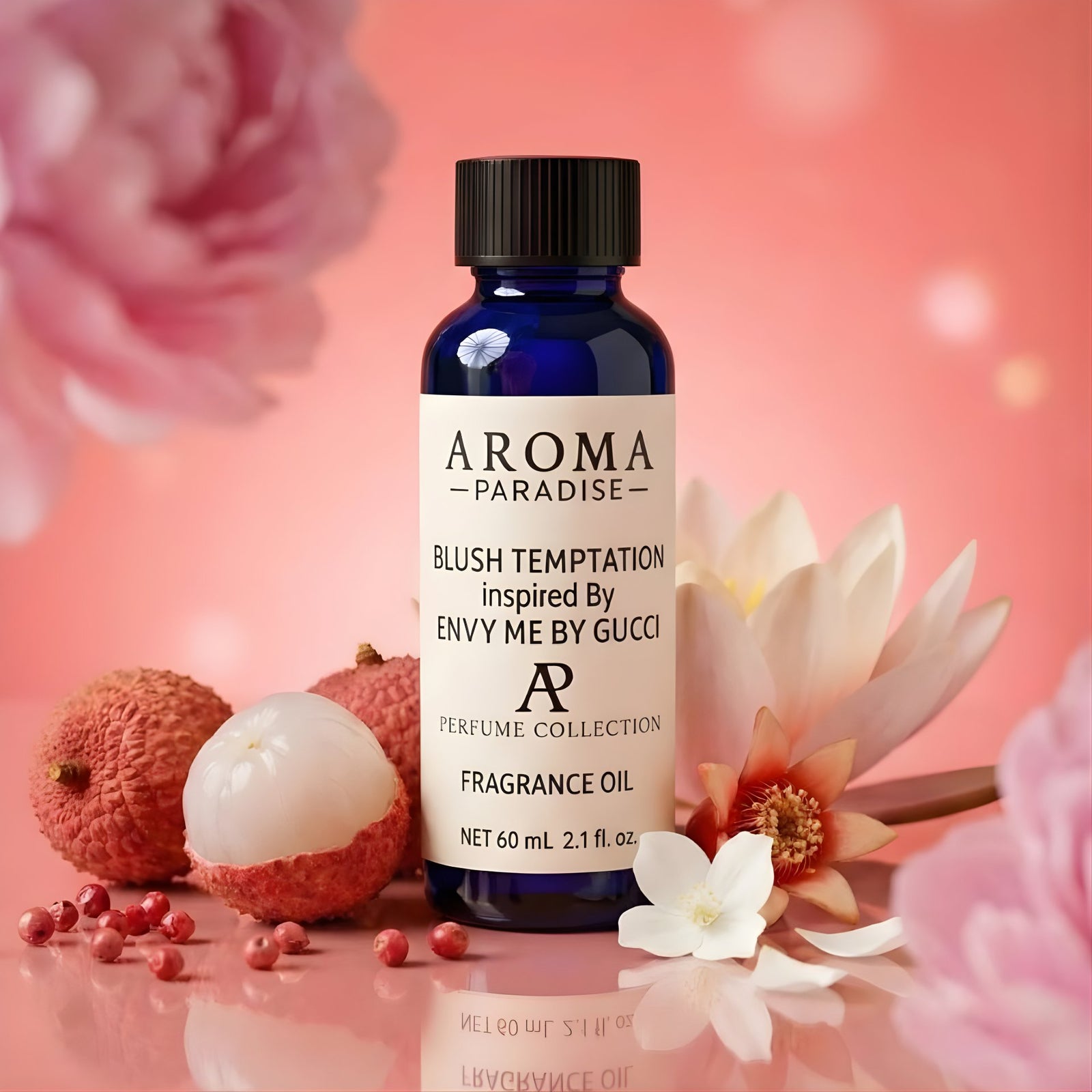 Aroma Paradise fragrance oil bottle with lychees and flowers on a pink background