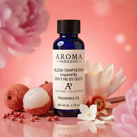 Aroma Paradise fragrance oil bottle with lychees and flowers on a pink background