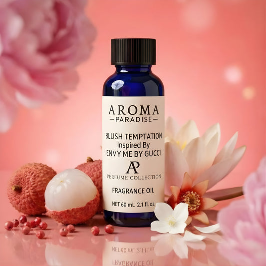 Aroma Paradise fragrance oil bottle with lychees and flowers on a pink background