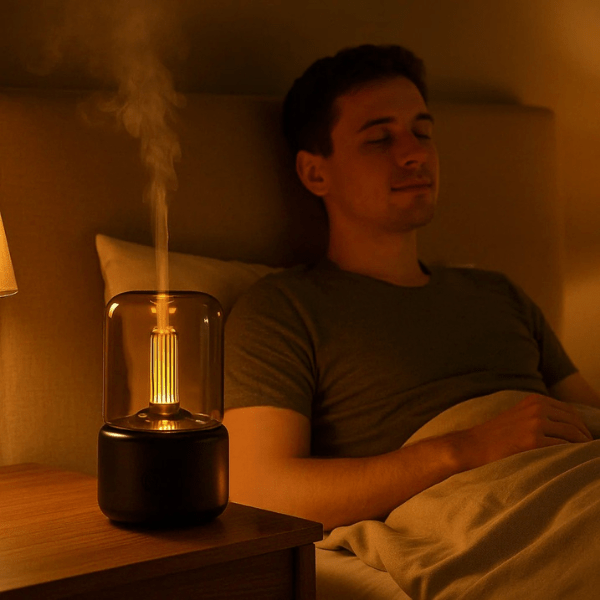 Candlelight Ultrasonic Essential Oil Diffuser & Cool Mist Humidifier – LED Night Light, Auto Shut-Off & Whisper Quiet for Home & Office ultrasonic essential oil diffuser and humidifier - lifestyle shot - Aroma Paradise