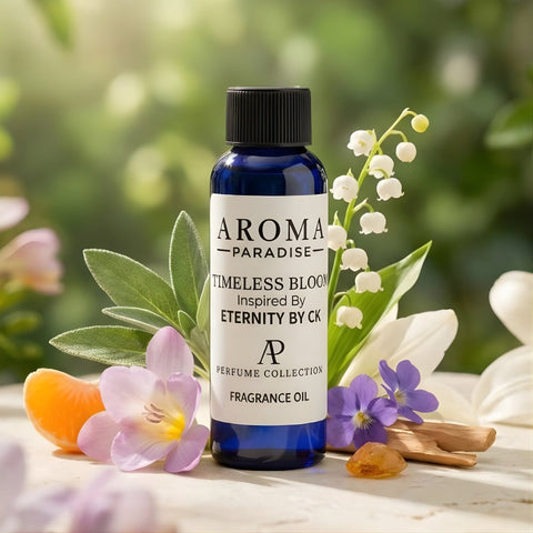 Aroma Paradise fragrance oil bottle with flowers on a natural background