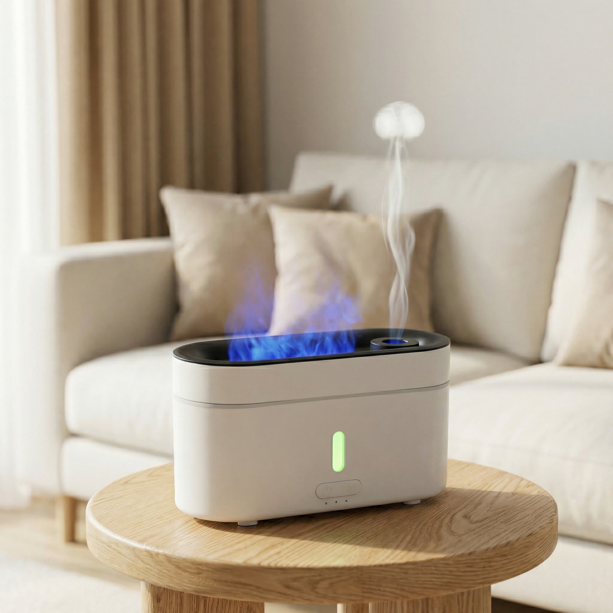 White flame ring diffuser with blue fire effect and jellyfish mist halo in living room - Aroma Paradise