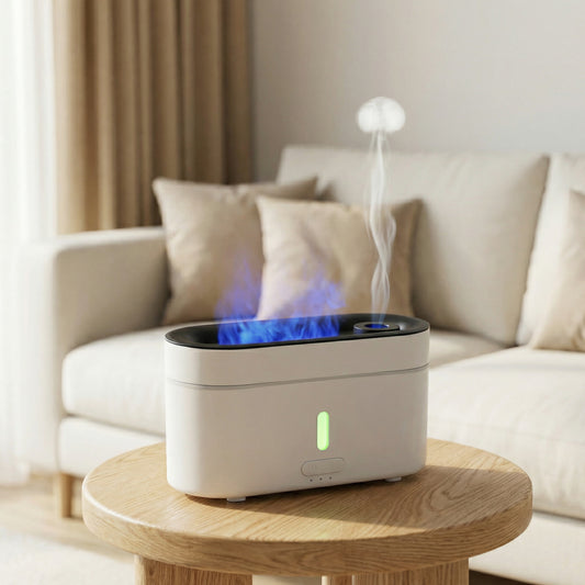 White flame ring diffuser with blue fire effect and jellyfish mist halo in living room - Aroma Paradise