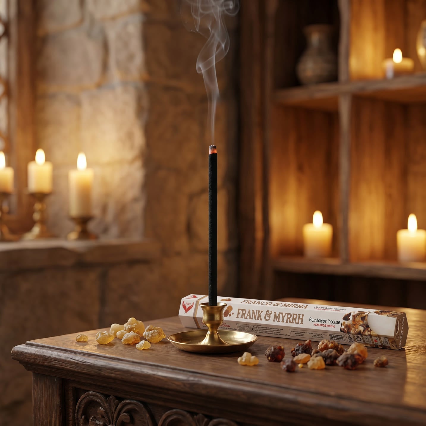Aum Frank and Myrrh bambooless incense stick burning in sacred space with frankincense tears and myrrh resin