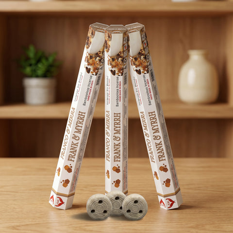 Aum Frank and Myrrh bambooless incense sticks 3-pack with 3 metal coil holders on light oak wood surface
