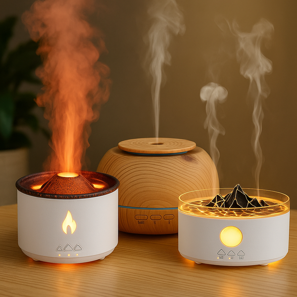Volcano Diffuser Trio Gift Pack – Mega, Double Ring & Light Wood Essential Oil Diffusers