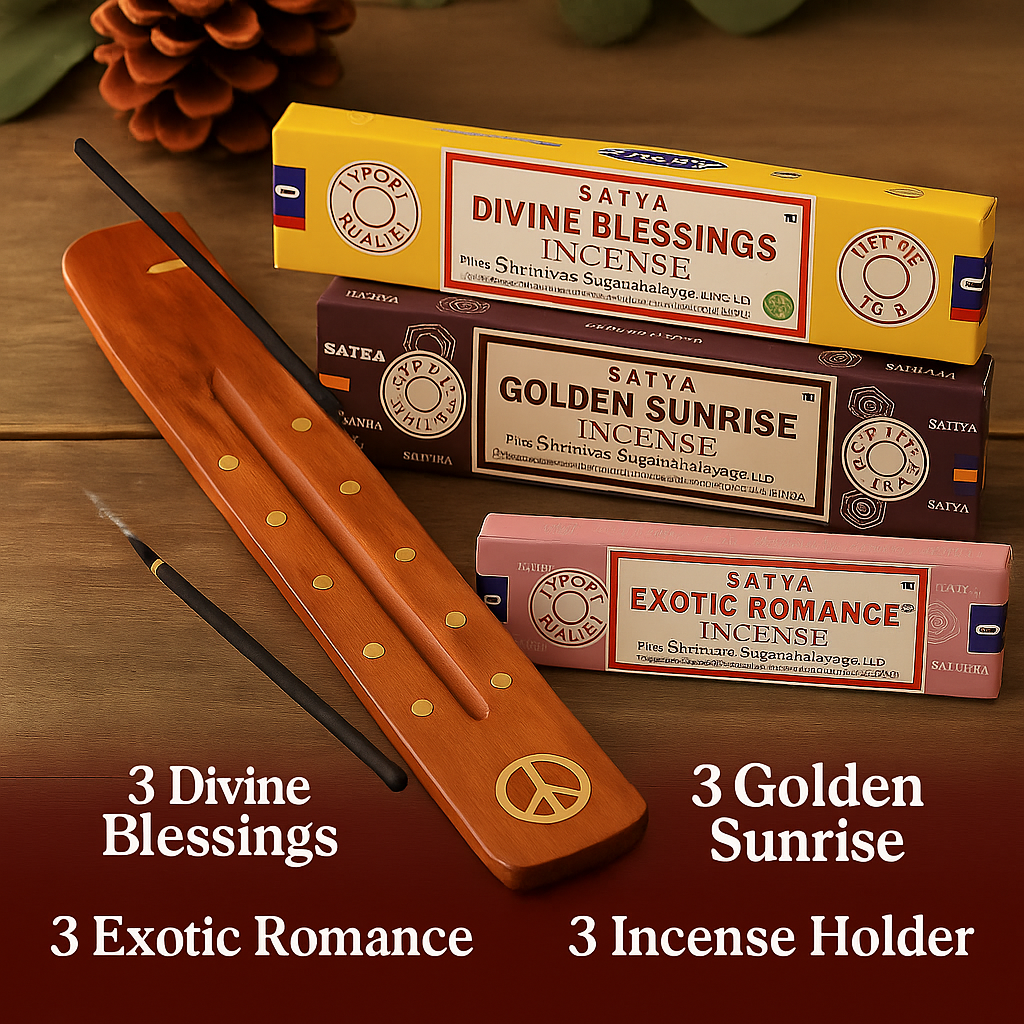 Satya Incense Gift Pack #5 – Divine Blessings, Exotic Romance & Golden Sunrise with Holders
