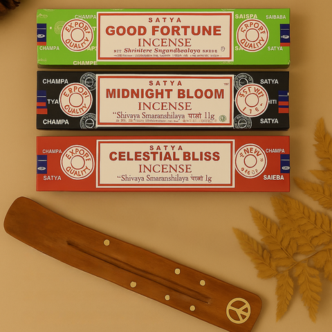 Satya Incense Gift Pack #4- 135 Pc  – Celestial Bliss, Midnight Bloom & Good Fortune with Holders - Aroma Paradise