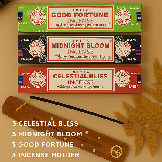 Satya Incense Gift Pack #4 – Celestial Bliss, Midnight Bloom & Good Fortune with Holders
