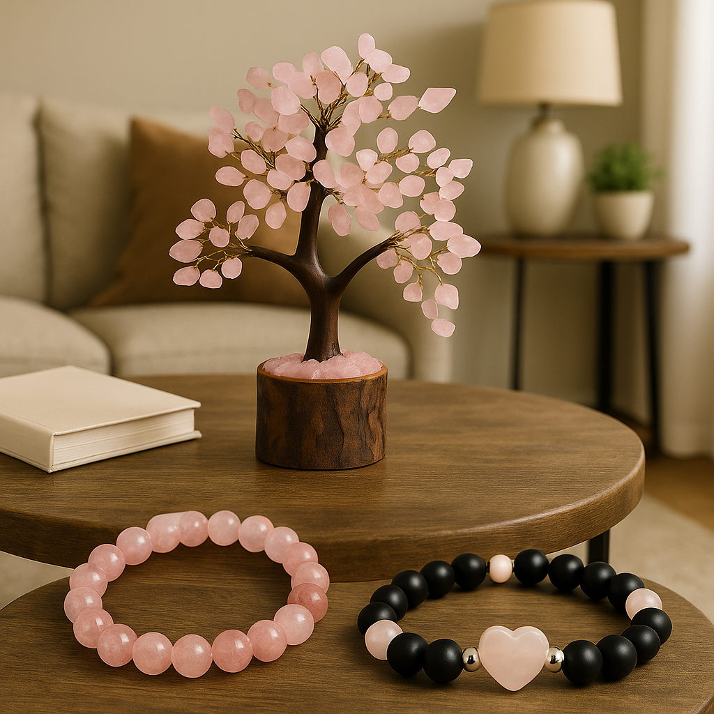 Rose Quartz Crystal Tree Gift Pack – Crystal Tree & Bracelets for Love & Healing - Aroma Paradise