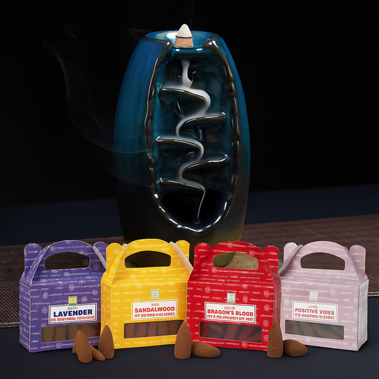 Backflow Burner Gift Pack #1 – With Satya Lavender, Sandalwood, Dragon’s Blood & Positive Vibes Cones