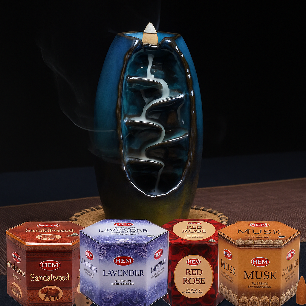 Backflow Burner Gift Pack #2 – With Hem Musk, Red Rose, Lavender & Sandalwood Cones