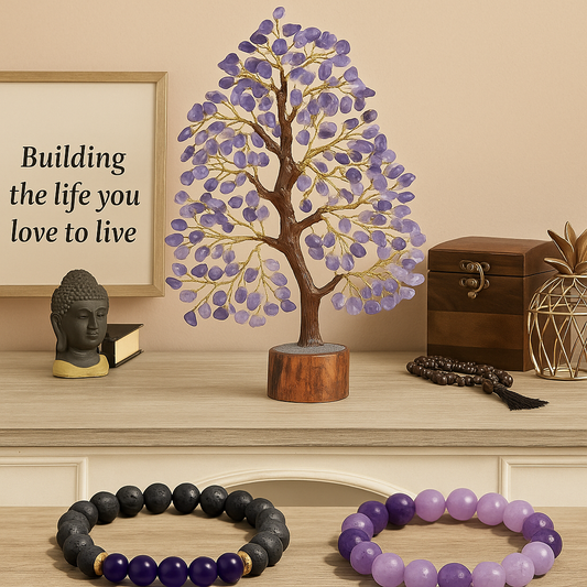 Amethyst Gemstone Tree Gift Pack – With Amethyst & Lava Stone Bracelets (8mm & 10mm)