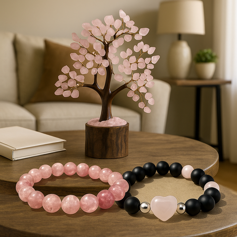 Rose Quartz Gemstone Tree Gift Pack – With Rose Quartz & Lava Stone Bracelets (8mm & 10mm) - crystal lava stone bracelet - Aroma Paradise