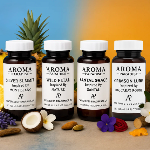 Waterless Fragrance Oil 4-Pack #2 – Baccarat, Santal, Nature Perfume & Mont Blanc Inspired waterless fragrance oil bottle - Aroma Paradise