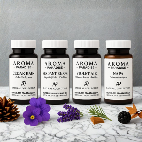 Waterless Fragrance Oil 4-Pack #4 – Napa, Violet Air, Verdant Bloom & Cedar Rain waterless fragrance oil bottle - Aroma Paradise