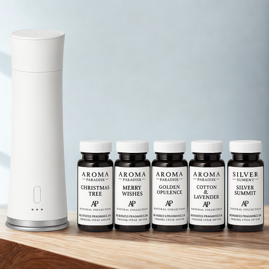 Set of Aroma Paradise diffuser and essential oil bottles on a white background