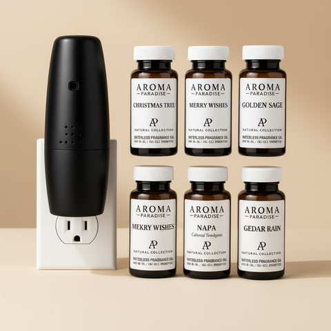 Waterless Diffuser Gift Pack #1 – Plug-In Diffuser with Christmas Tree, Merry Wishes, Napa & More waterless cold-air scent diffuser - Aroma Paradise