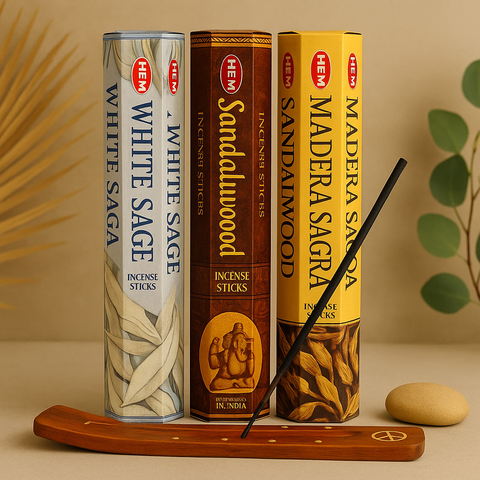 Hem Incense Gift Pack #2 - 180 Pc – Palo Santo, Sandalwood & White Sage with Wooden Holders - Aroma Paradise