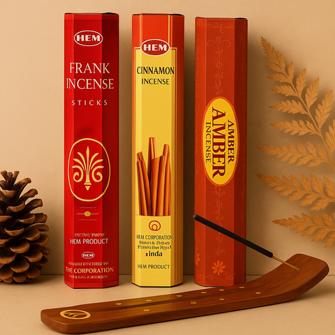 Hem Incense Gift Pack #5 - 180 Pc – Amber, Cinnamon & Frankincense with Wooden Holders - Aroma Paradise