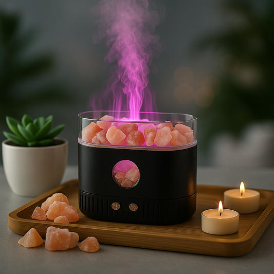 Flame with Himalayan Salt Top Ultrasonic Essential Oil Diffuser & Cool Mist Humidifier – LED Night Light, Auto Shut-Off & Whisper Quiet for Home & Office
