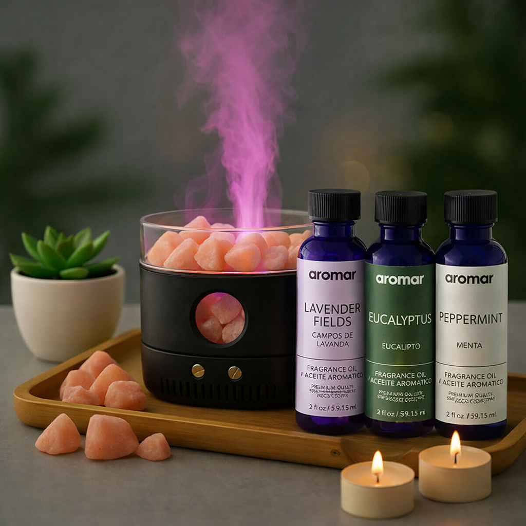 Flame with Himalayan Salt Top Diffuser Gift Pack – With Lavender, Eucalyptus And Peppermint Oils. - Aroma Paradise