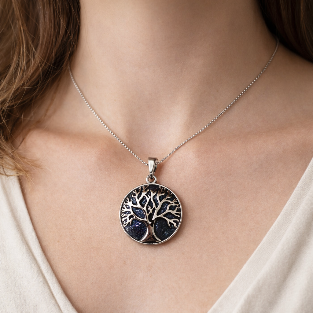 Silver Tree Crystal Pendant – Natural Stone Symbol Jewelry crystal pendant necklace - detail view - Aroma Paradise