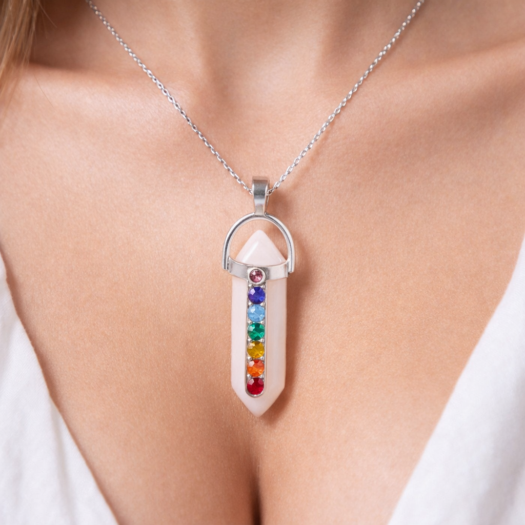 7-Chakra Hexagon Crystal Pendant – Natural Energy Alignment Jewelry - 7-chakra healing crystal necklace - detail view - Aroma Paradise
