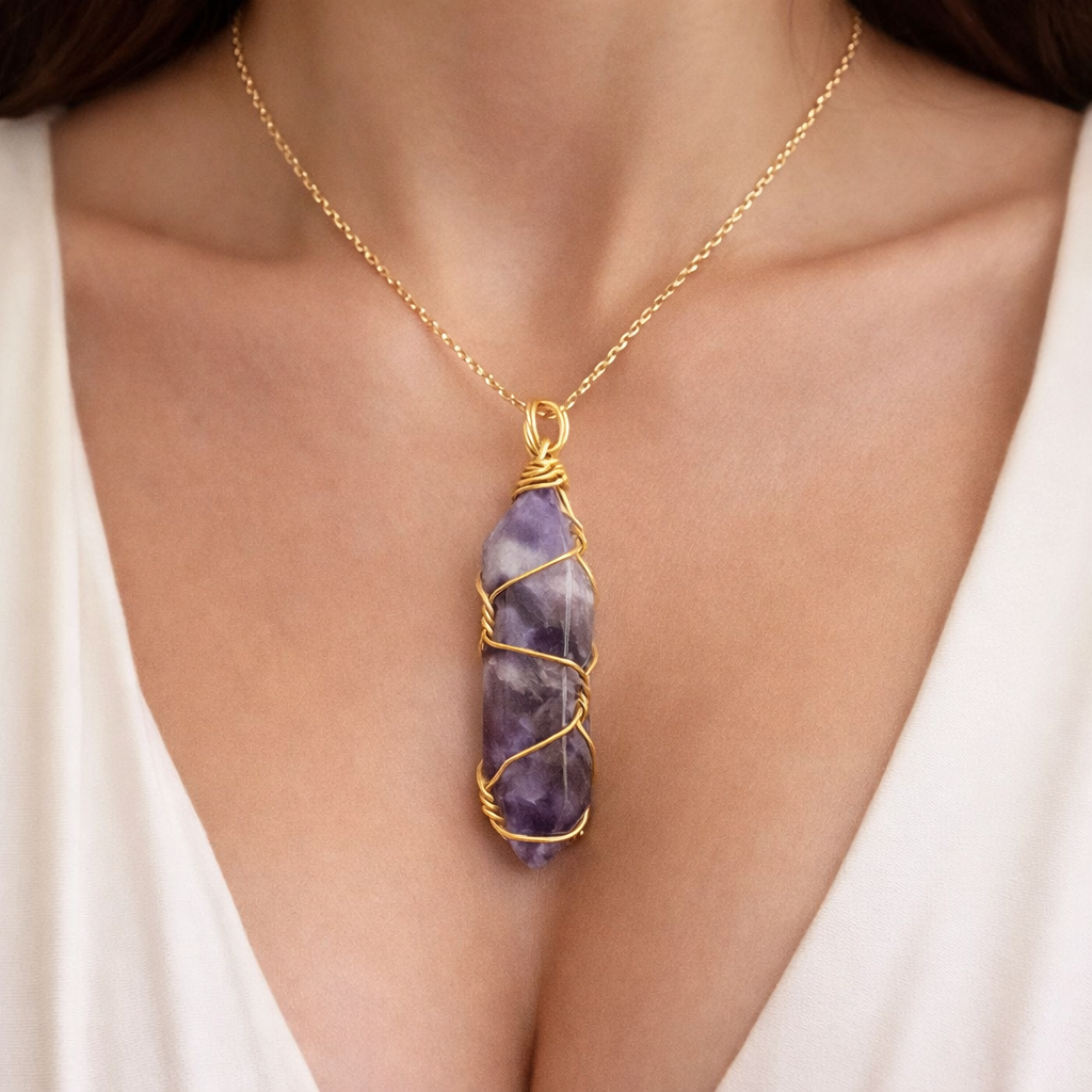 Hexagon Crystal Net Pendant – Natural Stone Point Jewelry - natural stone point necklace - detail view - Aroma Paradise