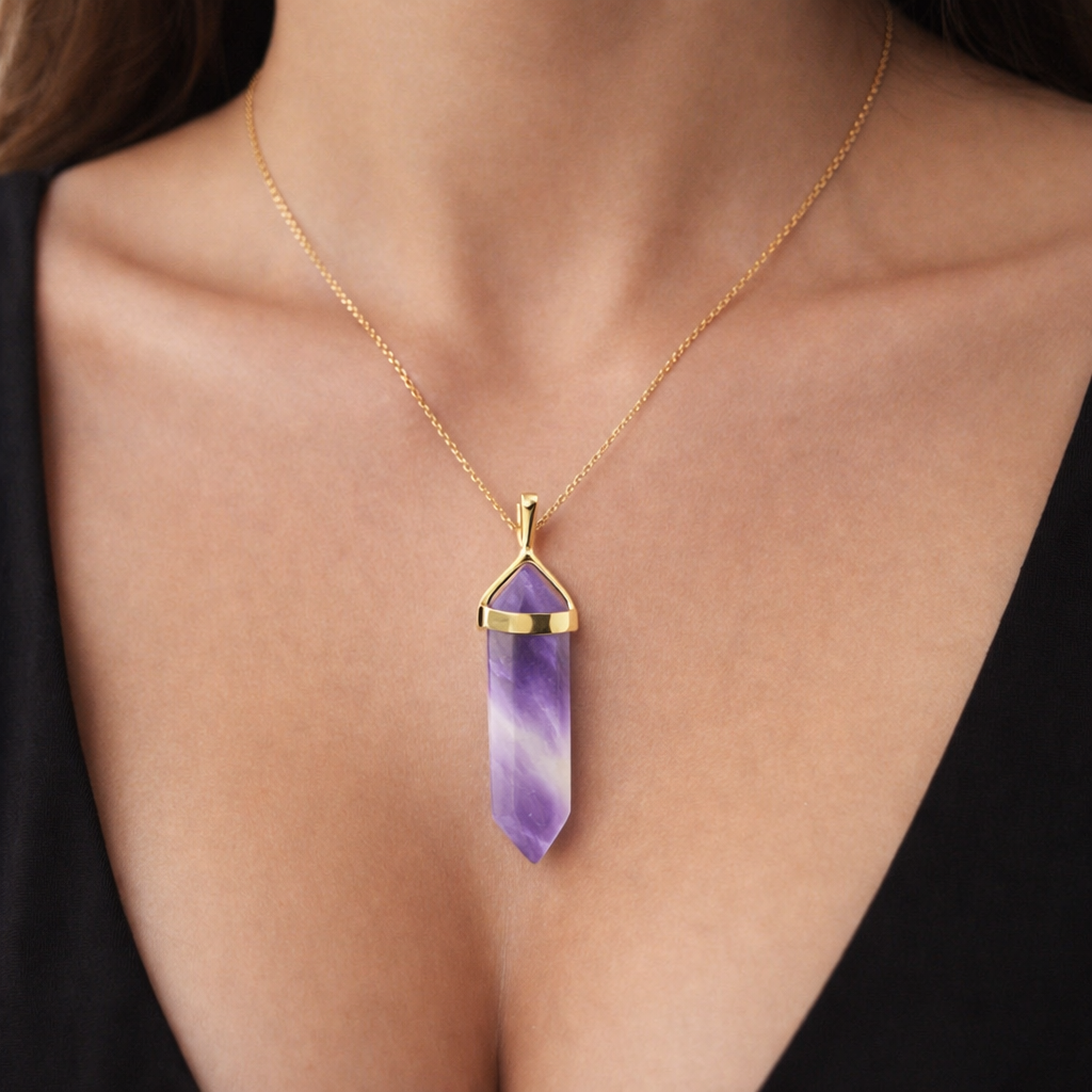 Hexagon Crystal Pendant – Natural Stone Point Jewelry - natural stone point necklace - detail view - Aroma Paradise