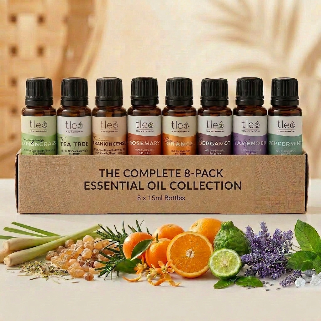 Tleo Essential Oil 8-Pack Set – Lavender, Peppermint, Tea Tree, Rosemary, Bergamot, Orange, Frankincense & Lemongrass – 100% Pure Aromatherapy Oils - Aroma Paradise