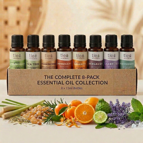 Tleo Essential Oil 8-Pack Set – Lavender, Peppermint, Tea Tree, Rosemary, Bergamot, Orange, Frankincense & Lemongrass – 100% Pure Aromatherapy Oils - Aroma Paradise