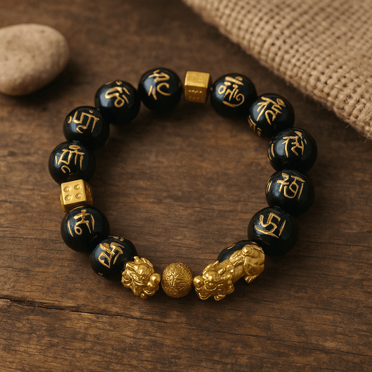 Black Obsidian Wealth Bracelet with Square Blocks - Double Dragon