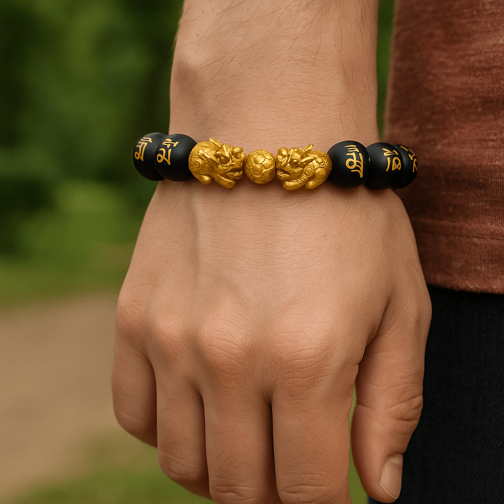 Black Obsidian Wealth Bracelet with Dragon for Prosperity and Power - crystal power bracelet - alternate view - Aroma Paradise