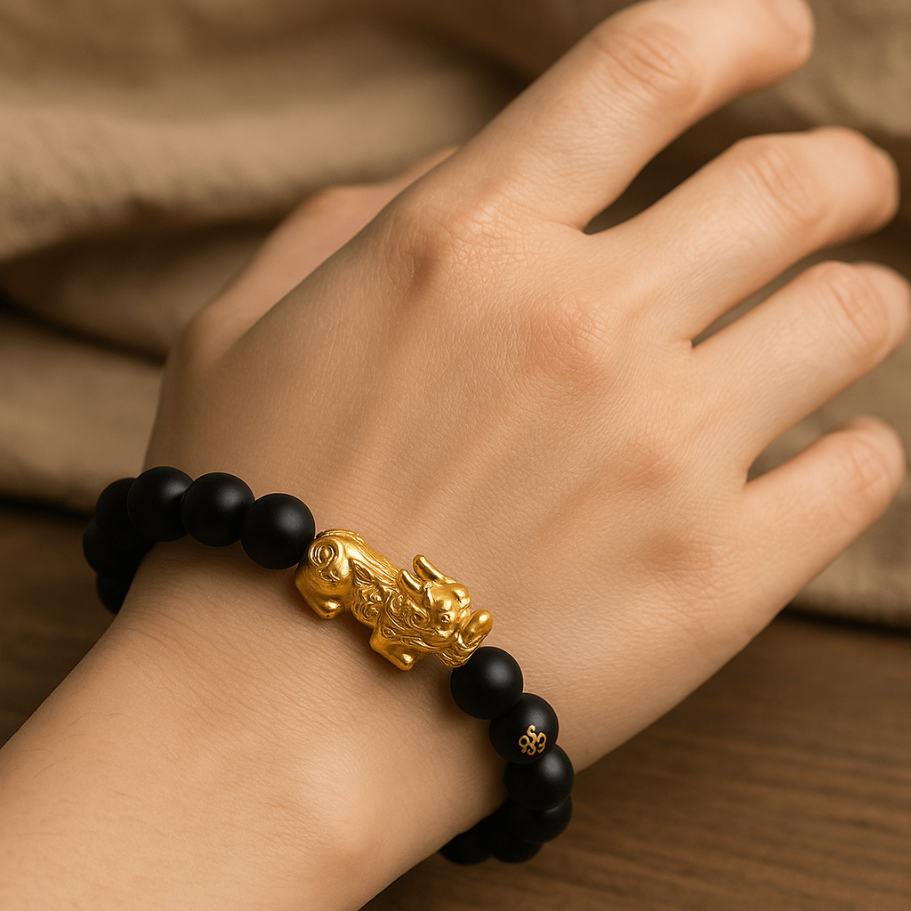 Black Obsidian Wealth Bracelet with Dragon for Prosperity and Power - crystal power bracelet - in use - Aroma Paradise