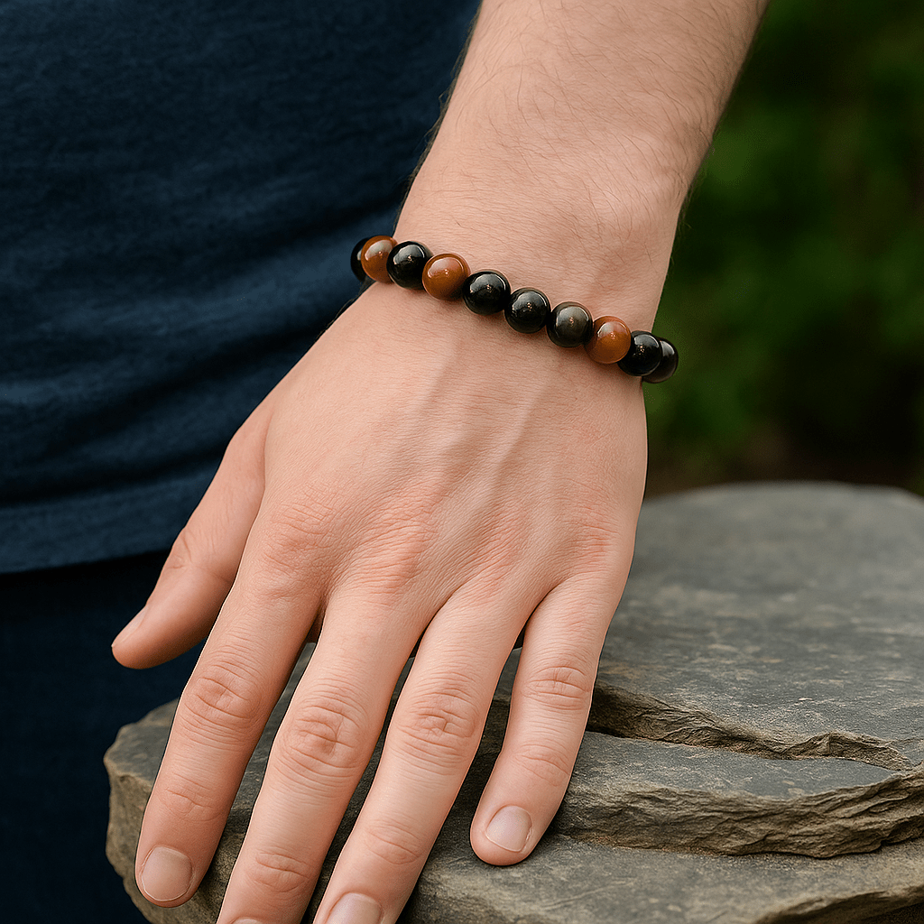 Triple Protection Tiger’s Eye Obsidian Crystal Bracelet with Natural Stone Beads - crystal lava stone bracelet - alternate view - Aroma Paradise