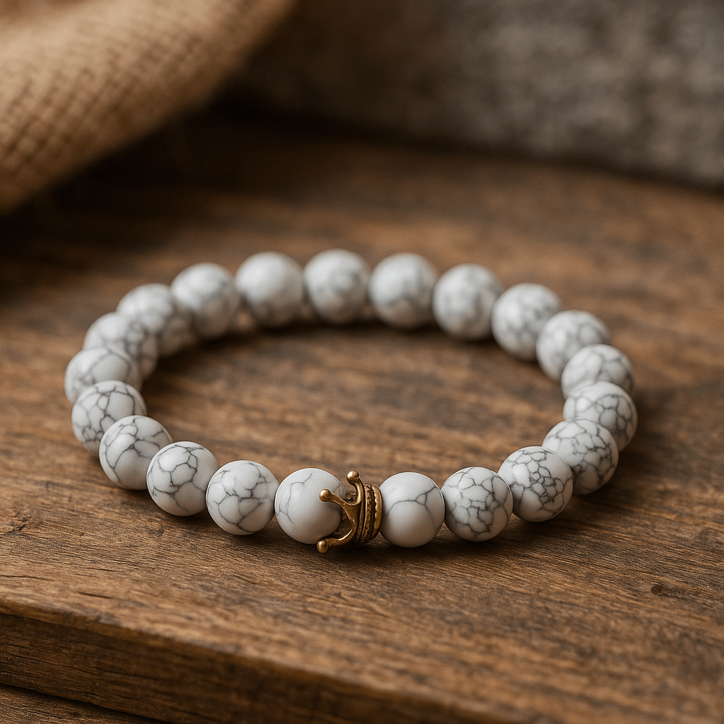 Crown Bracelet With Howlite - 10mm - crystal lava stone bracelet - Aroma Paradise
